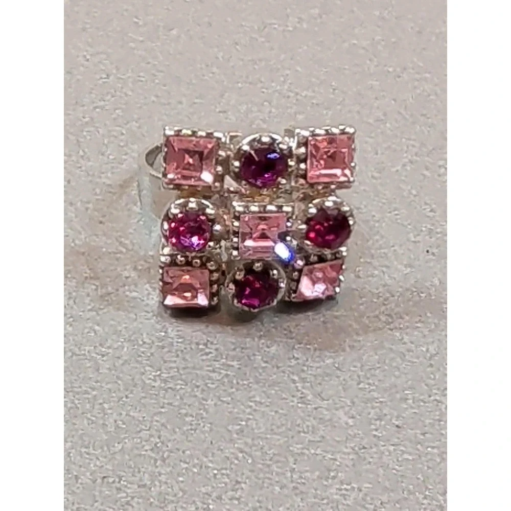 Vintage Pink Purple Cocktail Ring Geometric Cluster Silver Tone Statement Ring